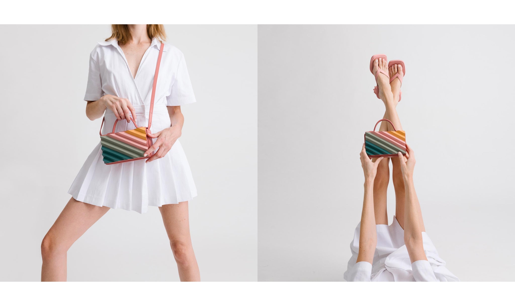 Woman wearing a white dress holding a multicolored handbag